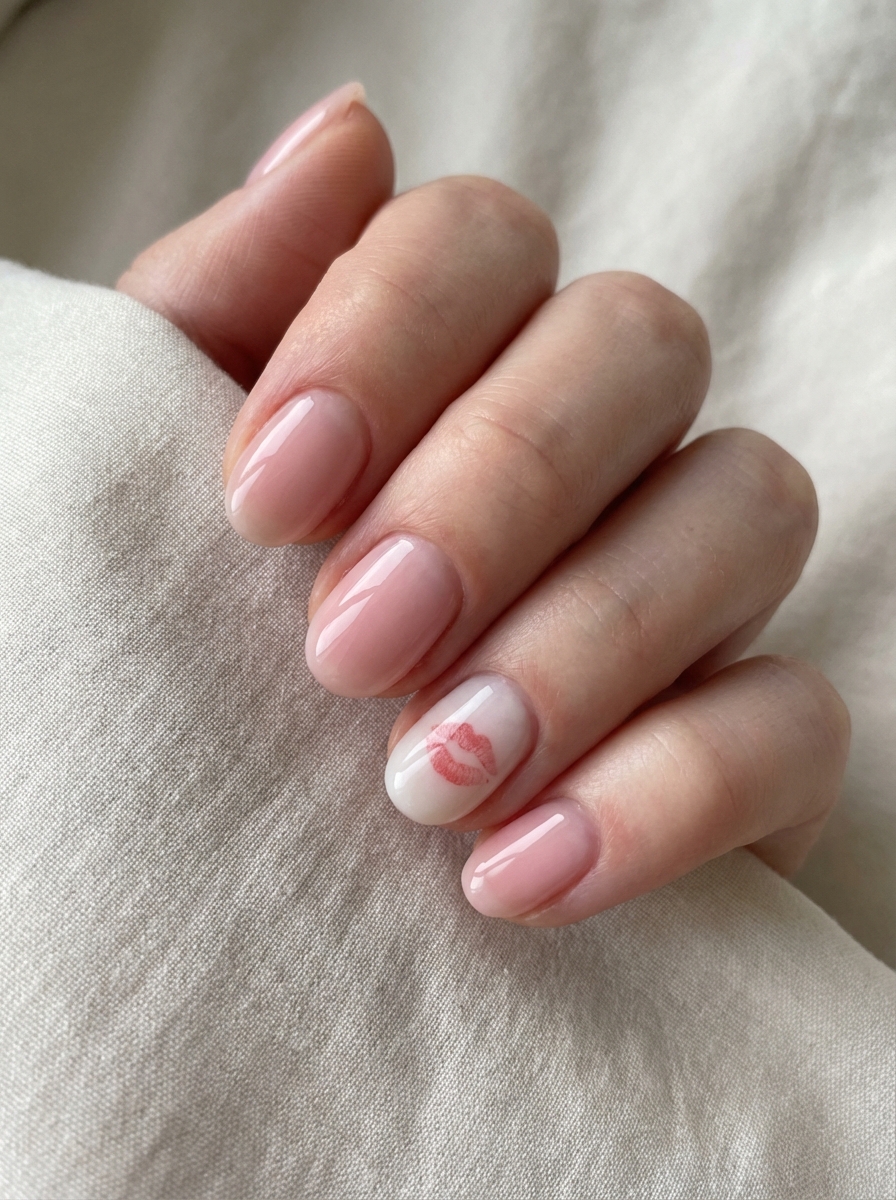 Close-up of a hand resting on beige fabric, showing blush pink glossy nails and one milky accent nail with a pink lip print, styled as valentine's nail art ideas.