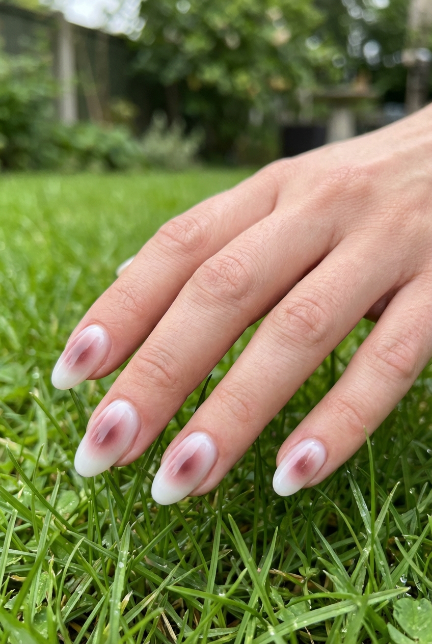 Hand resting on fresh green grass displaying a maroon nail art idea with milky white almond nails and soft diffused maroon aura centers in natural outdoor light.