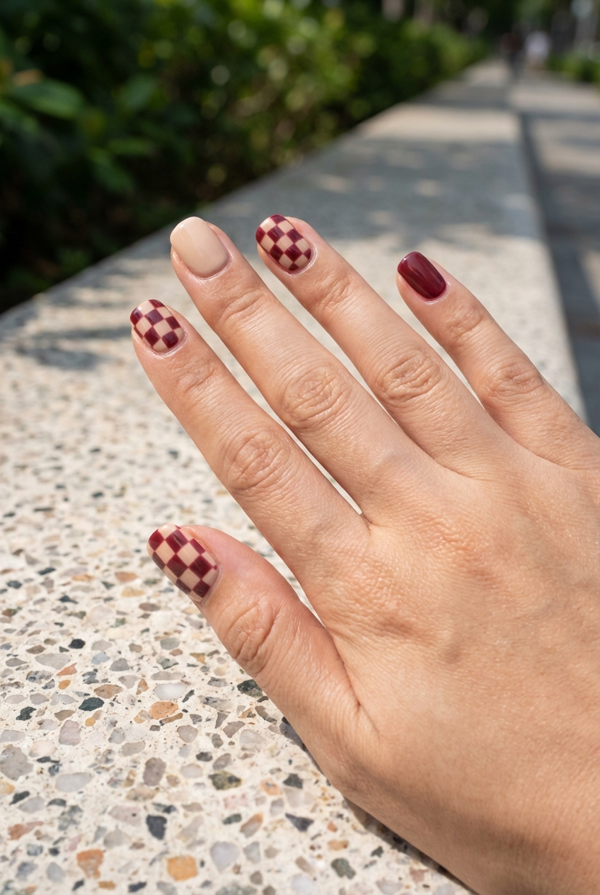 Fingers extended over a terrazzo-style outdoor ledge displaying a maroon nail art idea with small maroon checkerboard nail art, a nude nail, and a glossy maroon accent nail.