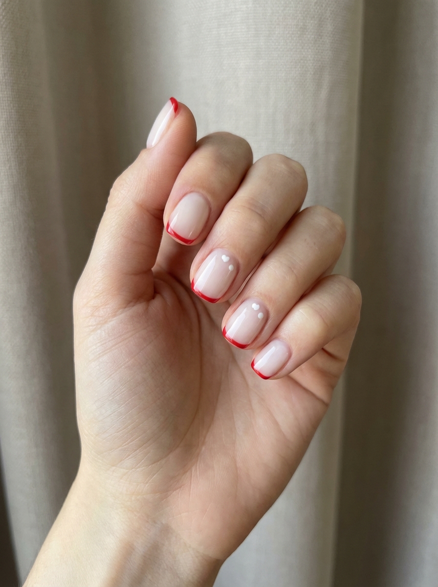 Fingers gently curled near neutral fabric, highlighting nude-pink nails with red French tips and delicate white dot accents, styled as chic valentine's nail art ideas.