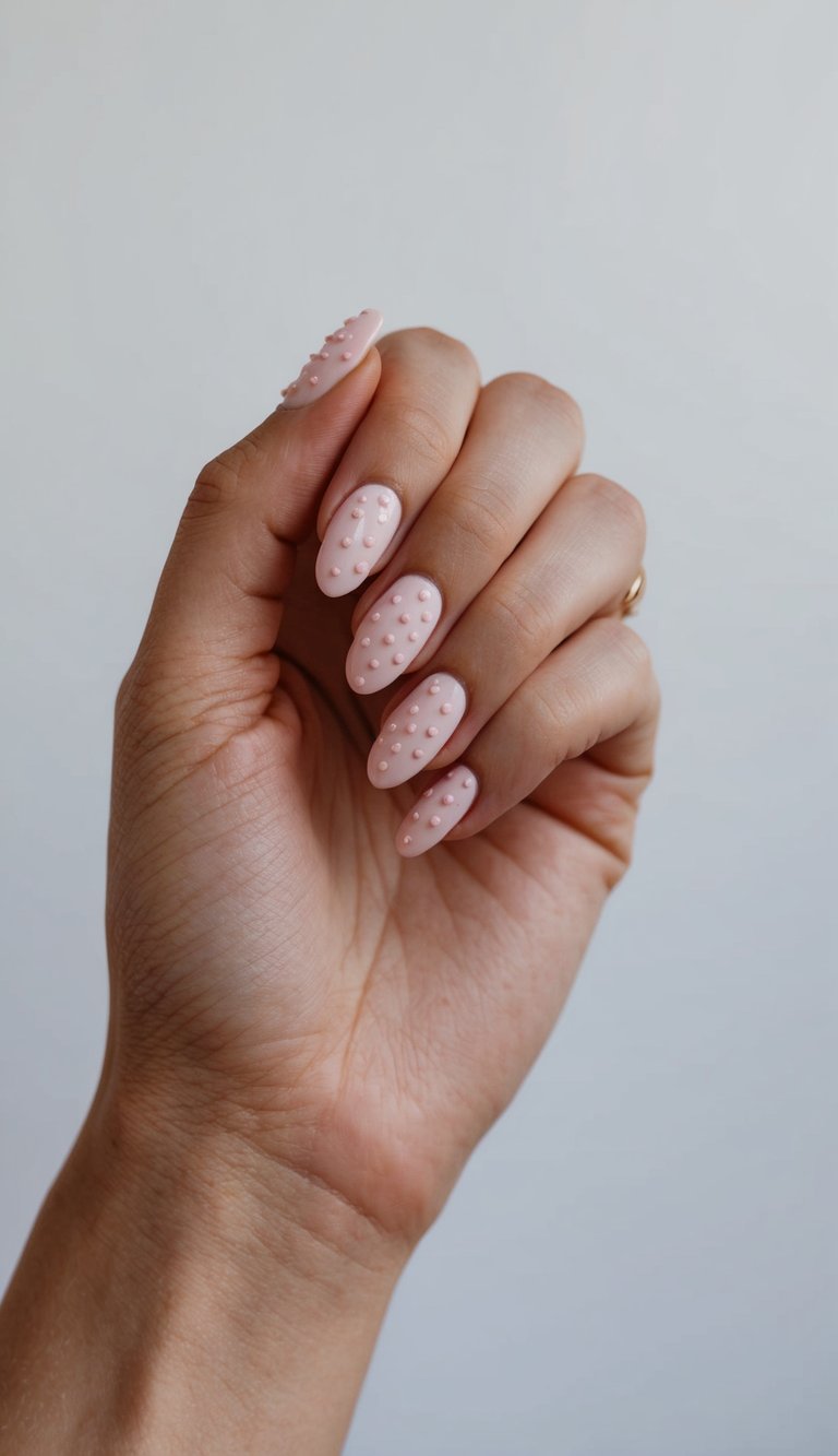 Hand lifted against a plain background, featuring a light pink nail art idea with matte blush almond nails covered in small raised dot accents.