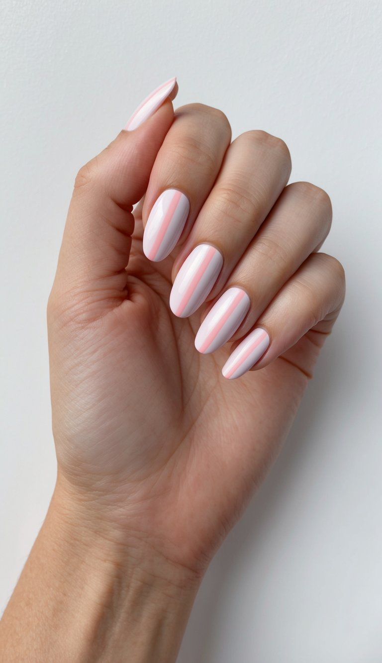 Hand photographed against a white background, showing a light pink nail art idea with glossy almond-shaped nails and subtle vertical pink stripe detailing.
