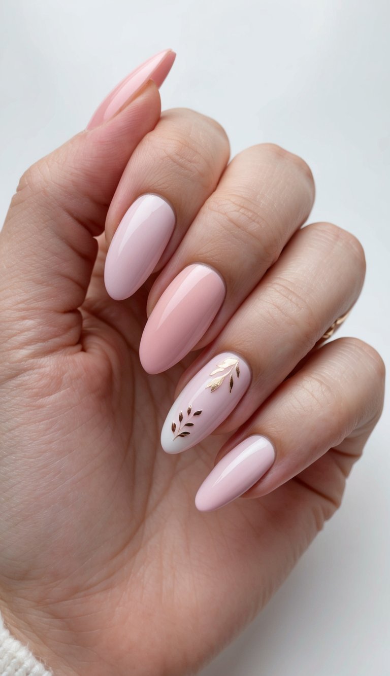 Studio-style photo of manicured nails on a neutral backdrop, highlighting a light pink nail art idea with blush polish and a gold leaf accent nail.
