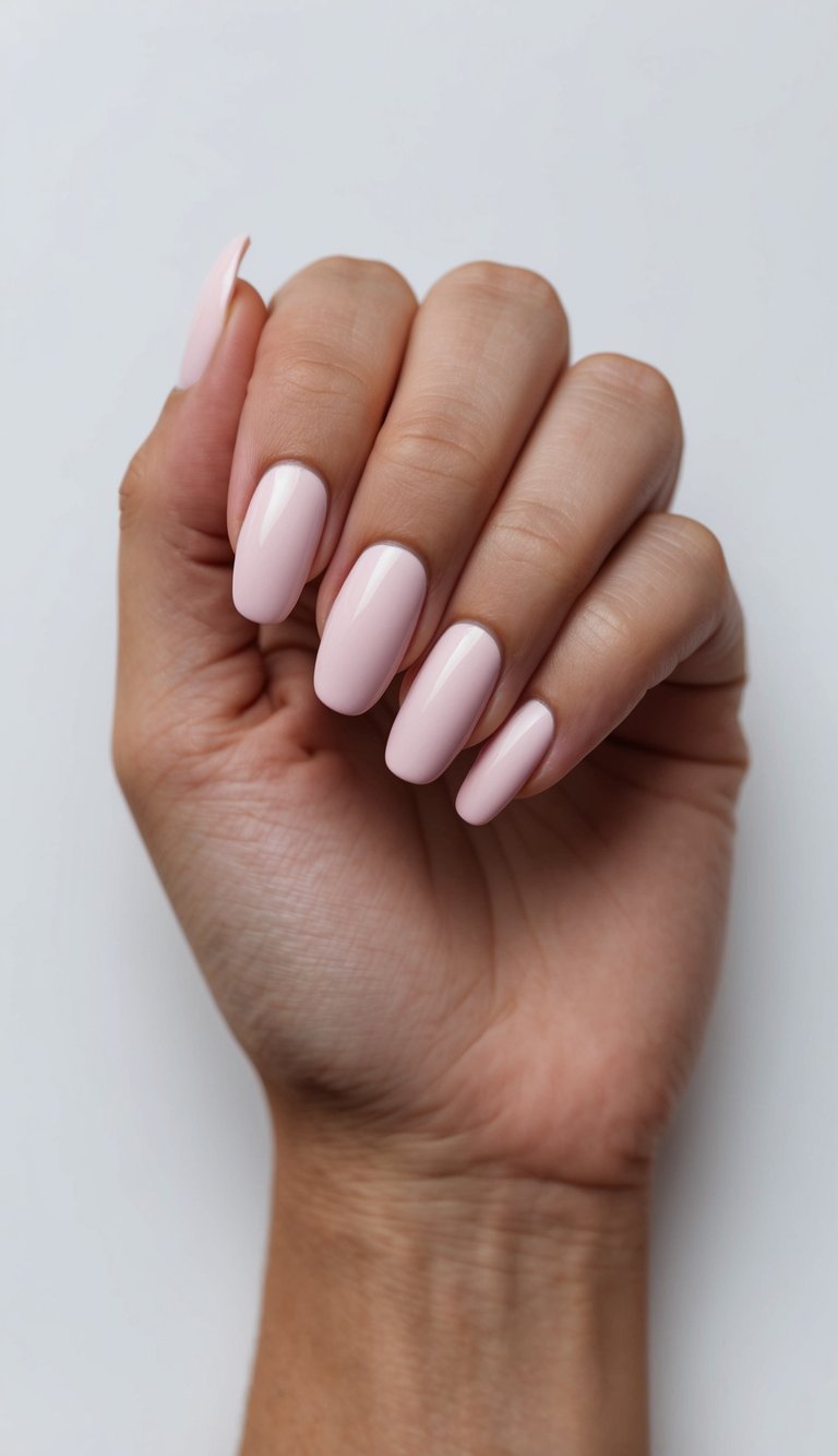 Studio-style image of a hand featuring a light pink nail art idea with almond-shaped nails in a milky blush tone and a reflective glossy finish.
