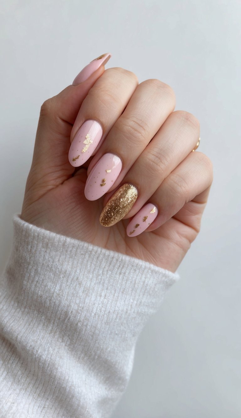 Studio-style image of manicured nails against a pale background, highlighting a light pink nail art idea with blush polish, gold foil accents, and a gold statement nail.