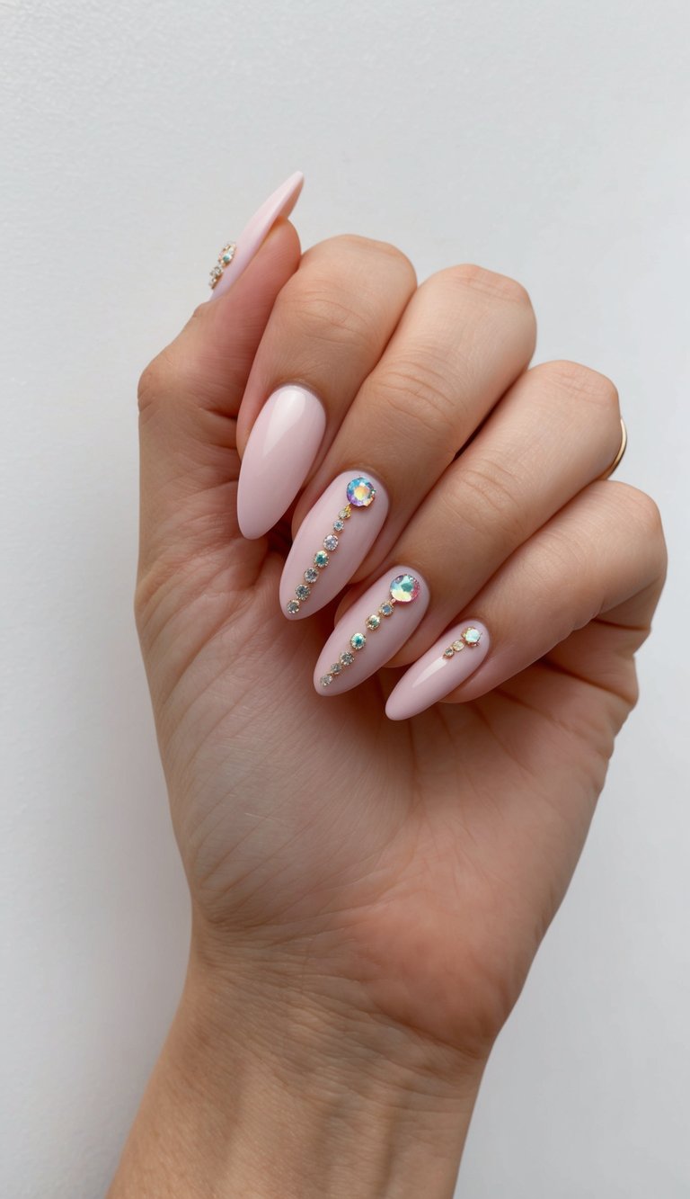 Studio-style image of manicured nails against a neutral backdrop, highlighting a light pink nail art idea with blush polish and carefully placed crystal accents.