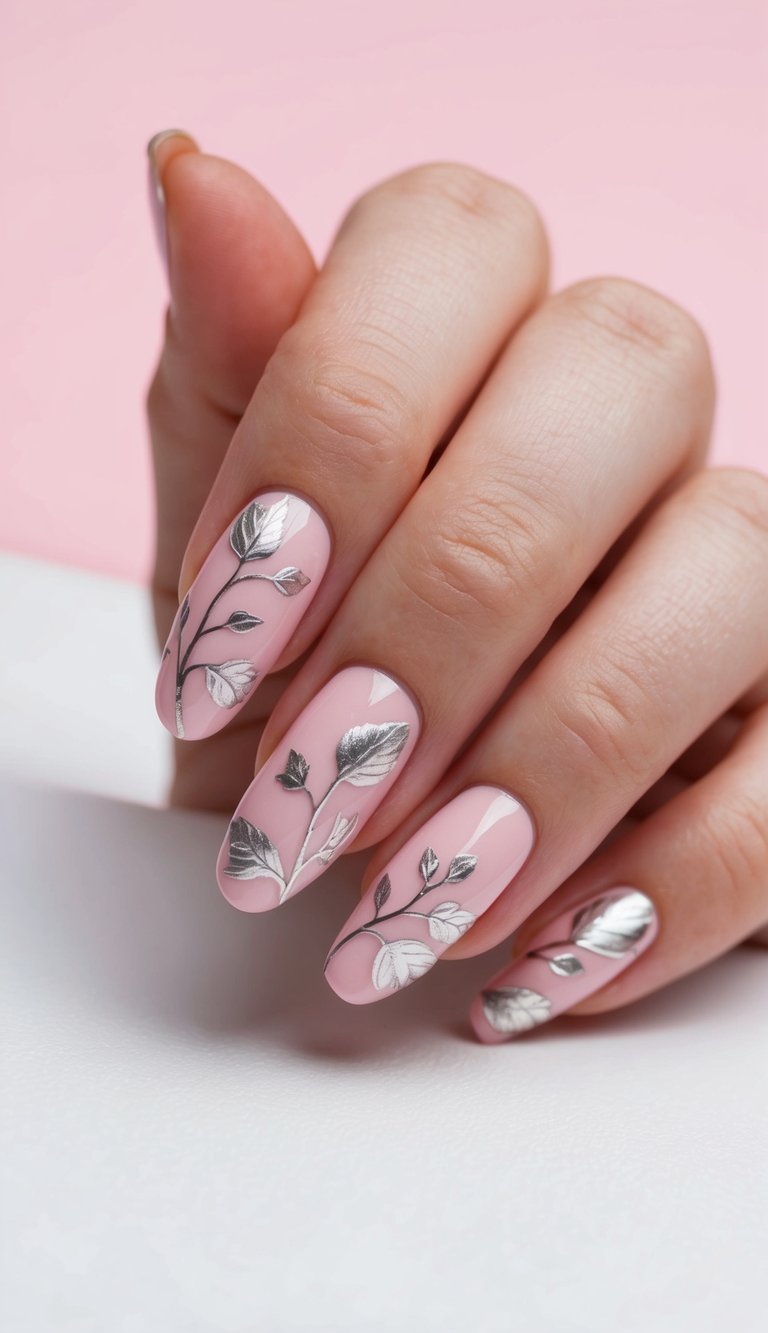 Close-up of a hand against a pink backdrop, showing a light pink nail art idea with blush almond nails and silver leaf branch designs.