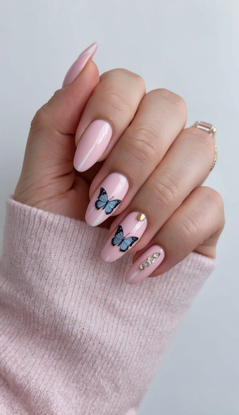 Studio-style image of manicured nails against a neutral background, highlighting a light pink nail art idea with butterfly designs, rhinestones, and gold detailing.