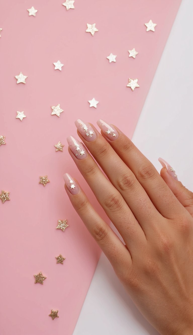 Angled view of a relaxed hand displaying a light pink nail art idea with blush almond nails and scattered star-shaped embellishments.