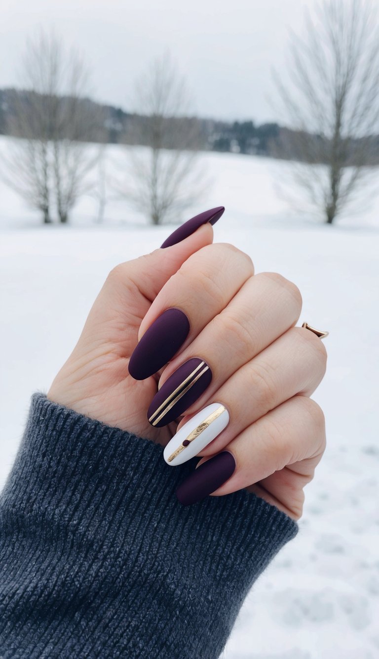 Manicured hand with almond-shaped matte maroon nails displaying a maroon nail art idea with gold striping and a white accent nail, photographed outdoors in a snowy landscape with trees.