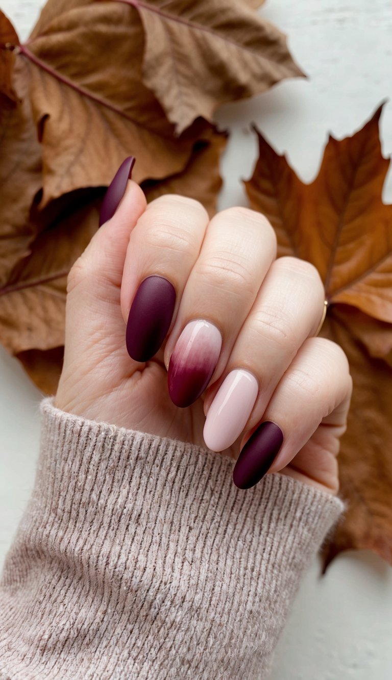 A close-up of maroon ombre nails against a cozy fall background, with hints of leaves and warm textures