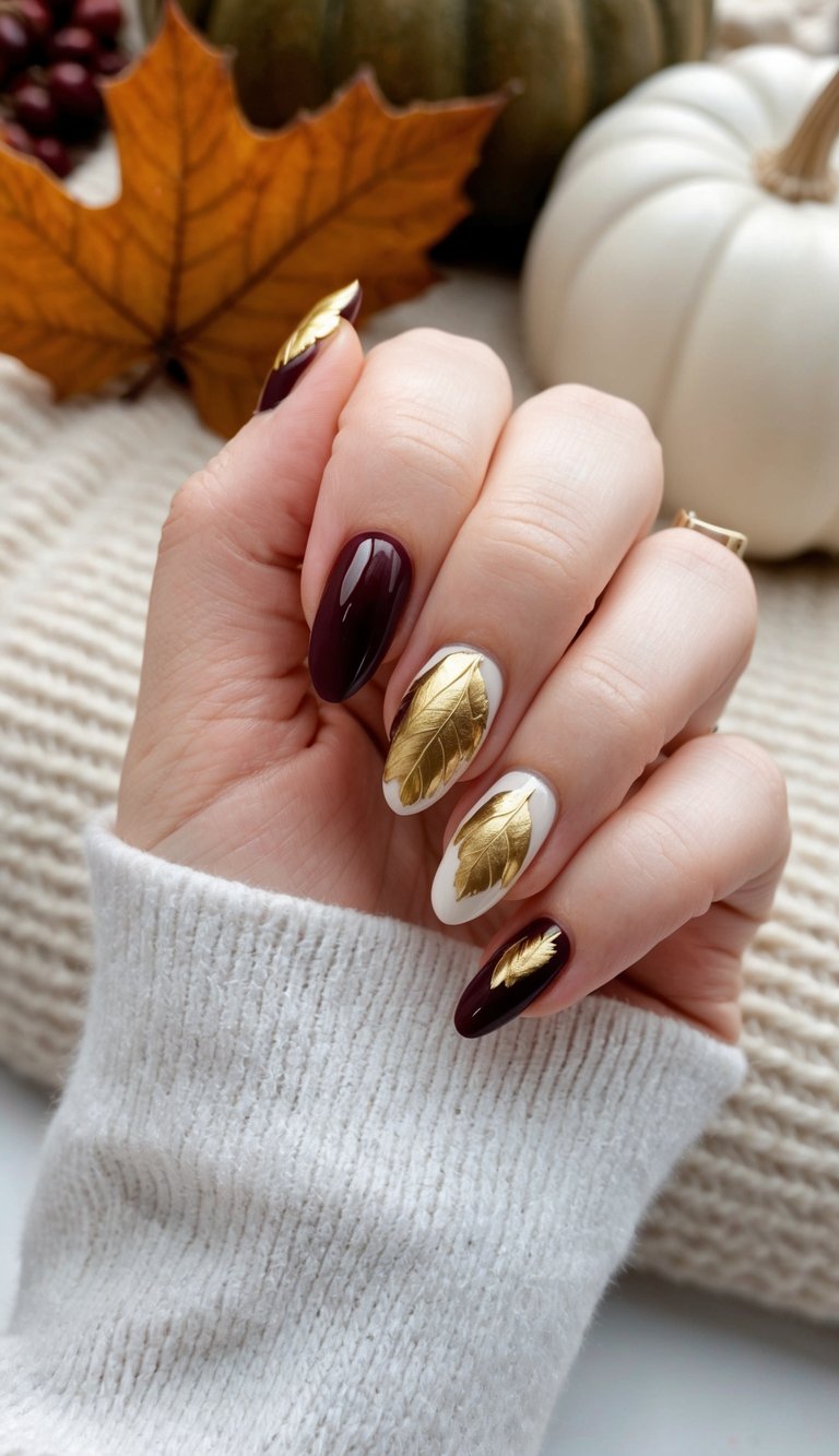 Close-up of a manicured hand showing a maroon nail art idea with deep maroon polish and white accent nails topped with textured gold leaf designs against a fall-themed background.
