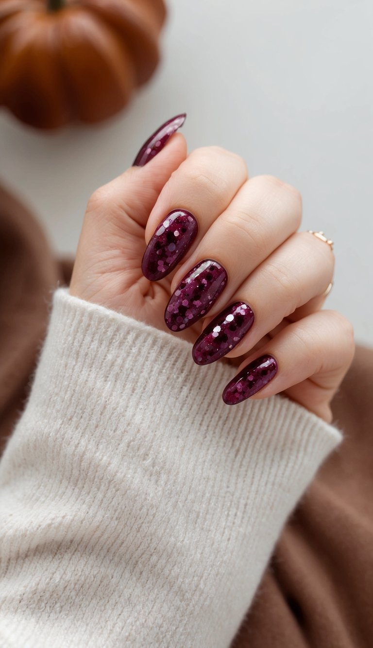 Hand wrapped in a soft cream sweater showing a maroon nail art idea with almond-shaped nails coated in deep maroon polish and layered with sparkling maroon confetti glitter near a pumpkin background.