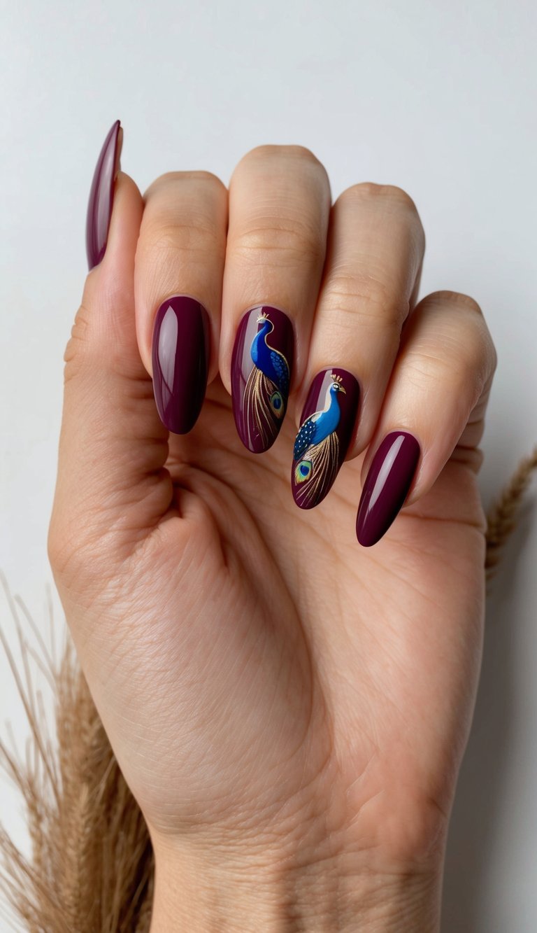 Close-up of manicured fingers showing a maroon nail art idea with burgundy nails and two accent nails featuring hand-painted peacock designs with blue bodies and feather details.