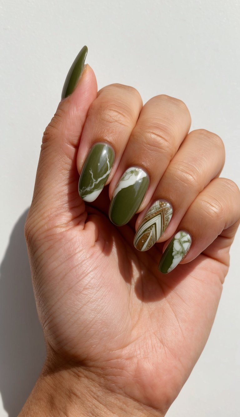A close-up of a hand showing an olive green nail art idea with mixed marble accents, shimmer, and metallic striping under direct sunlight.