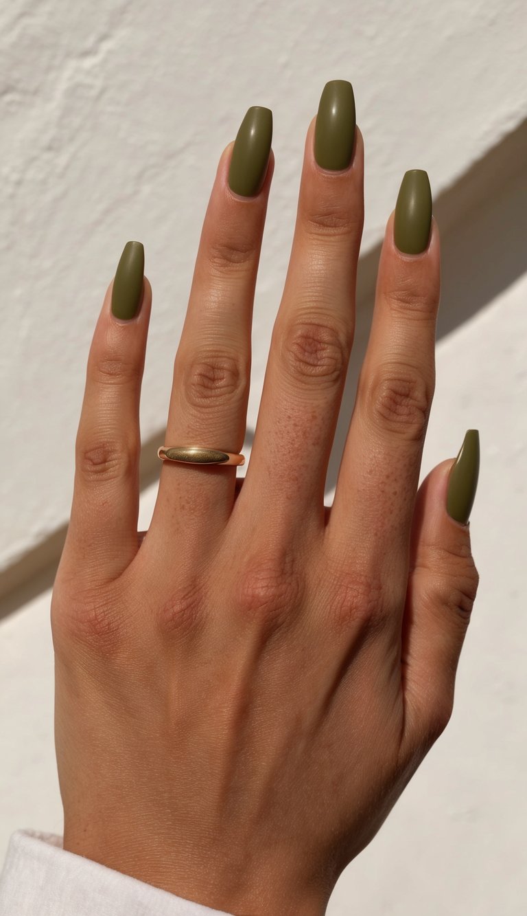 Coffin-shaped nails painted in a soft matte olive tone, styled on a hand with a gold ring—capturing a bold olive green nail art idea.