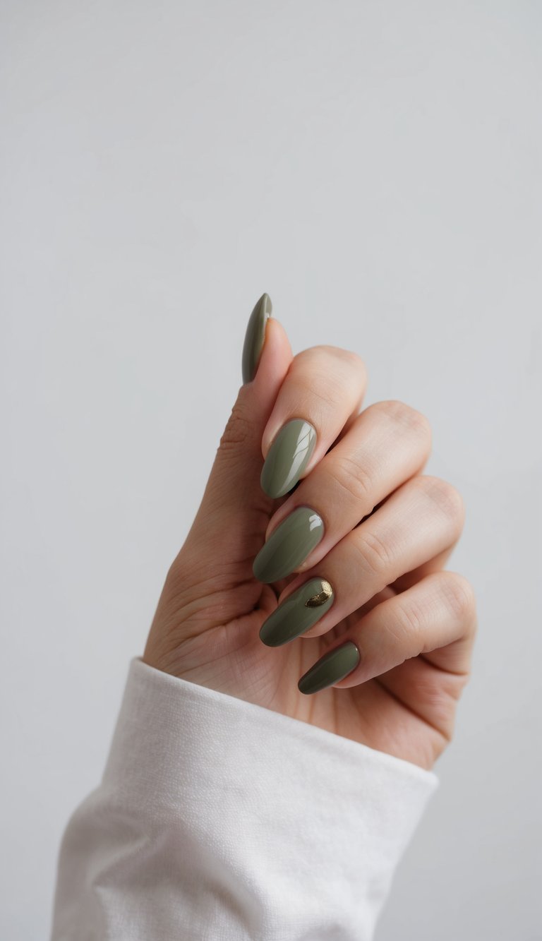 A hand with almond-shaped nails painted in glossy olive green, featuring a single gold accent—showcasing an elegant olive green nail art idea.