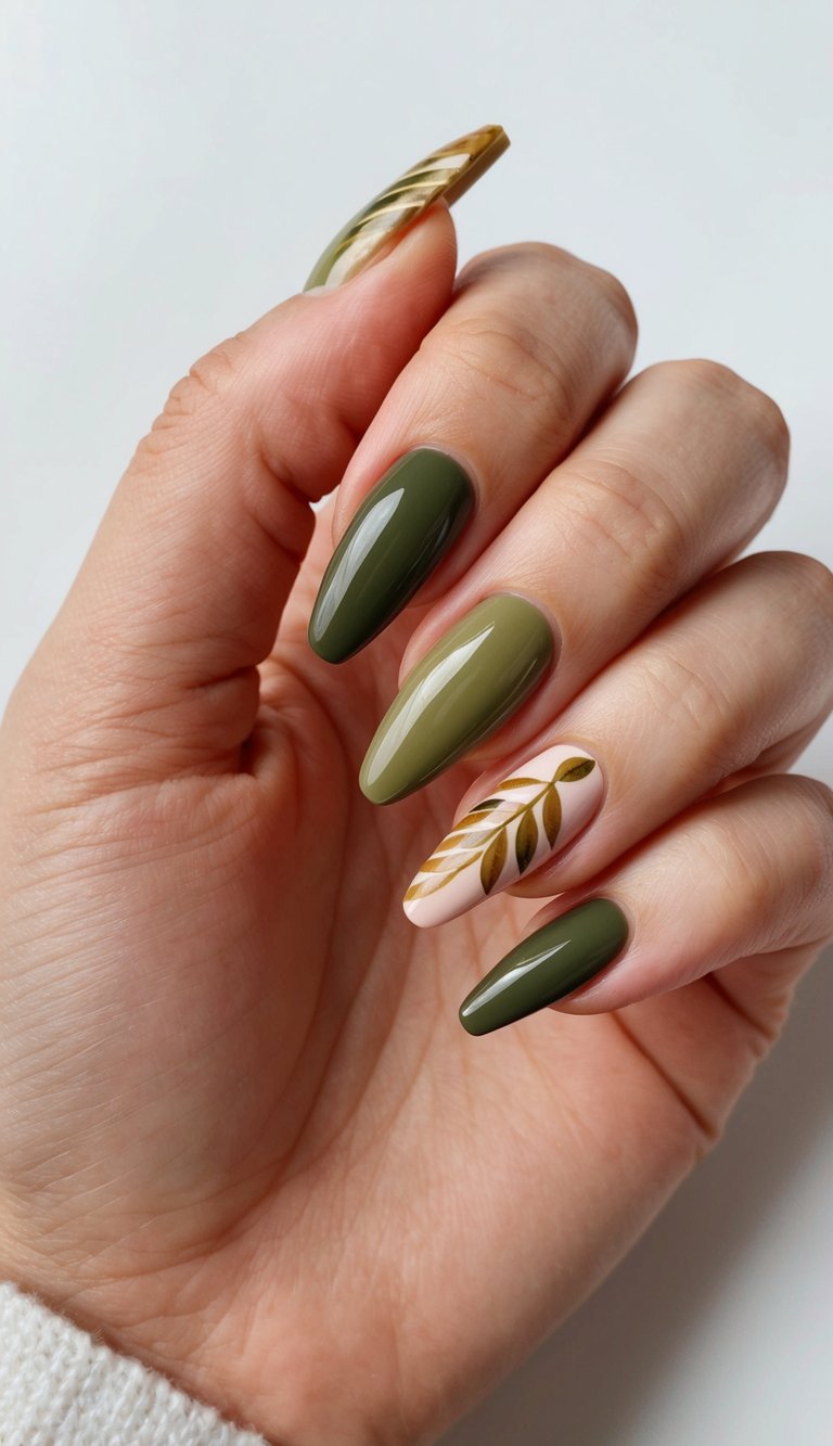 Close-up of a hand with almond-shaped nails painted in glossy olive green tones and one nude nail featuring a delicate leafy olive green nail art idea.
