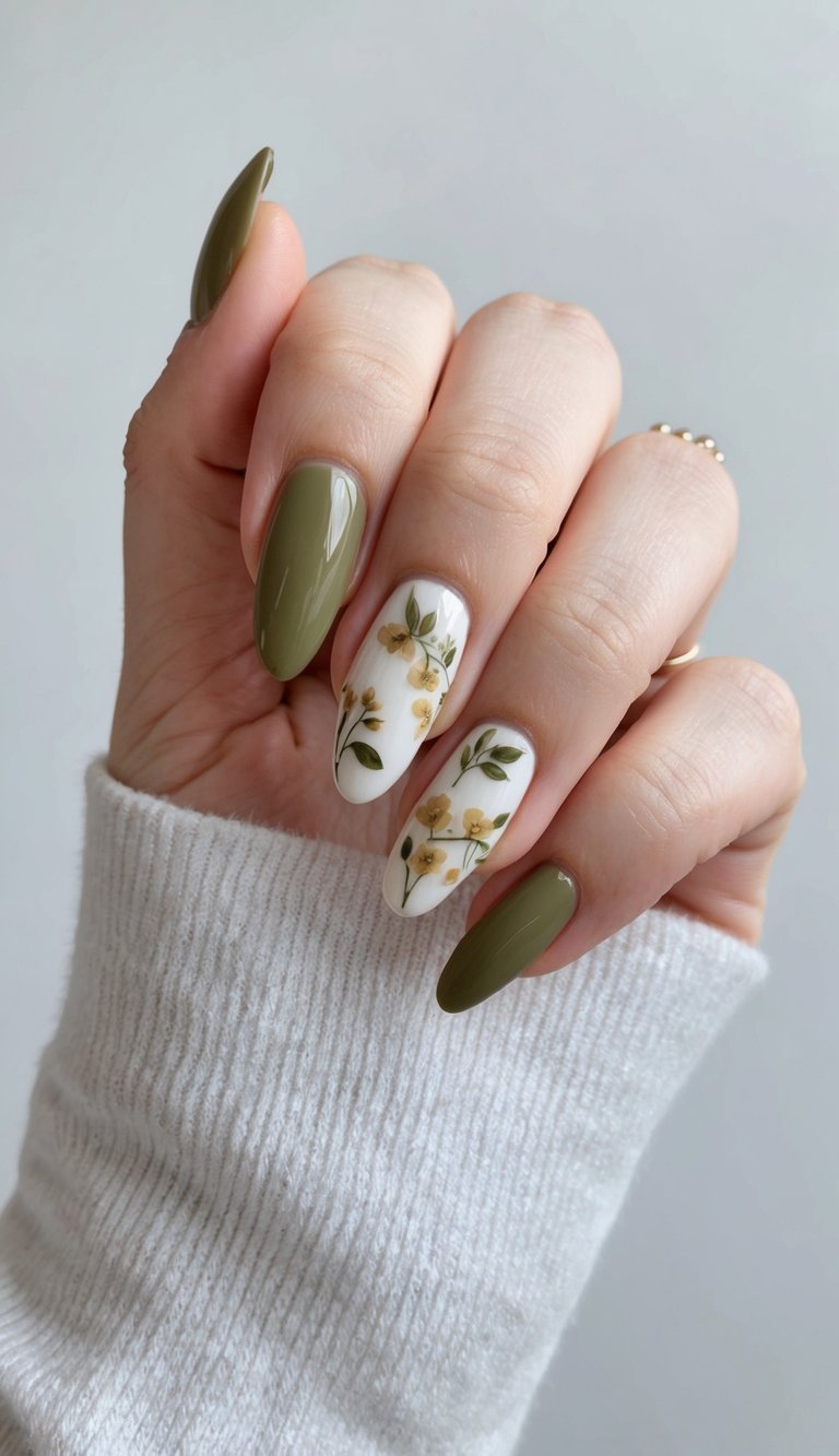 A modern olive green nail art idea featuring alternating solid olive green nails and floral-accented white nails with hand-painted yellow flowers and green leaves.