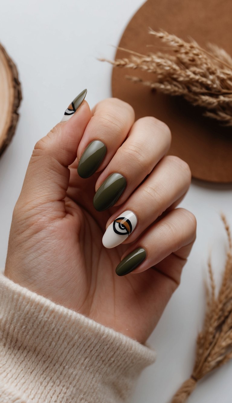 Close-up of a hand wearing matte olive green nails with a white accent nail featuring sharp black and amber abstract shapes in this olive green nail art idea.