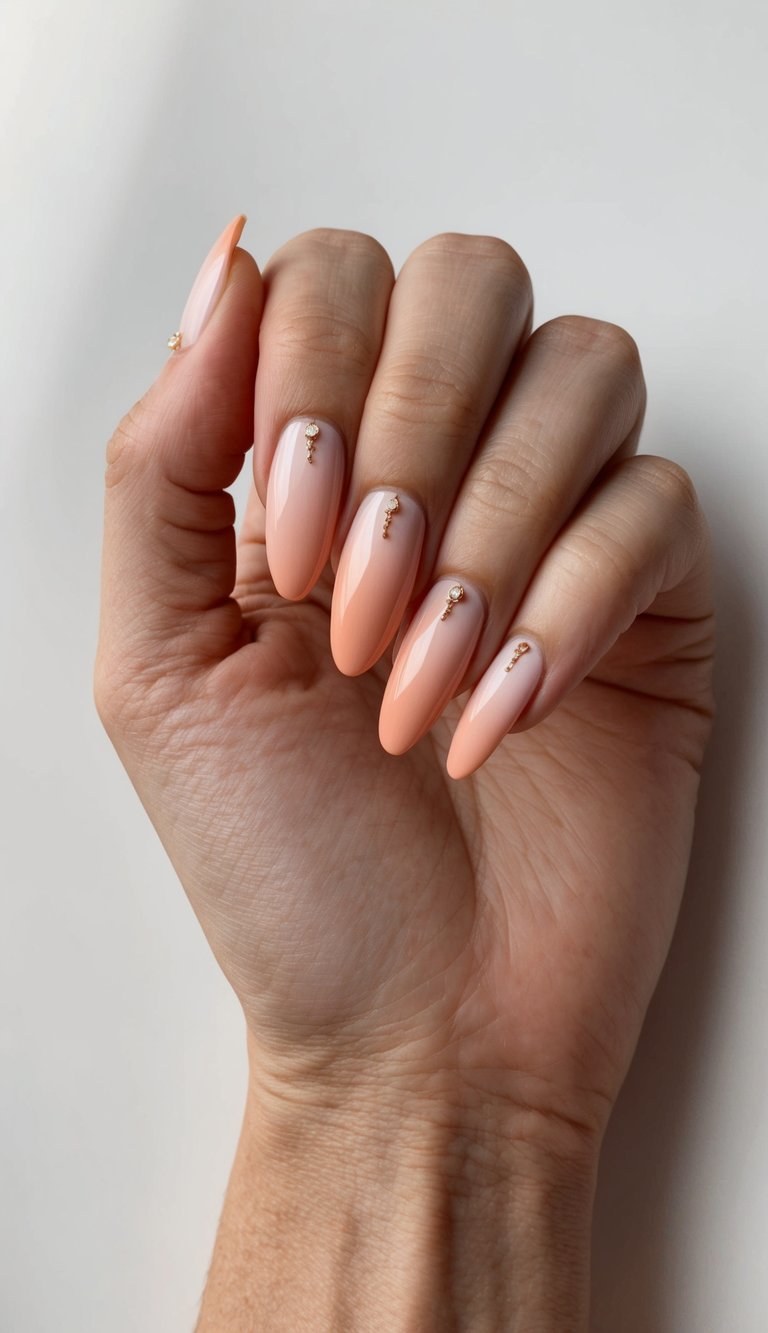 Feminine hand with long, shiny peach nails blending apricot and pink tones, adorned with crystal and gold charm accents—perfect as a playful peach nail art idea.