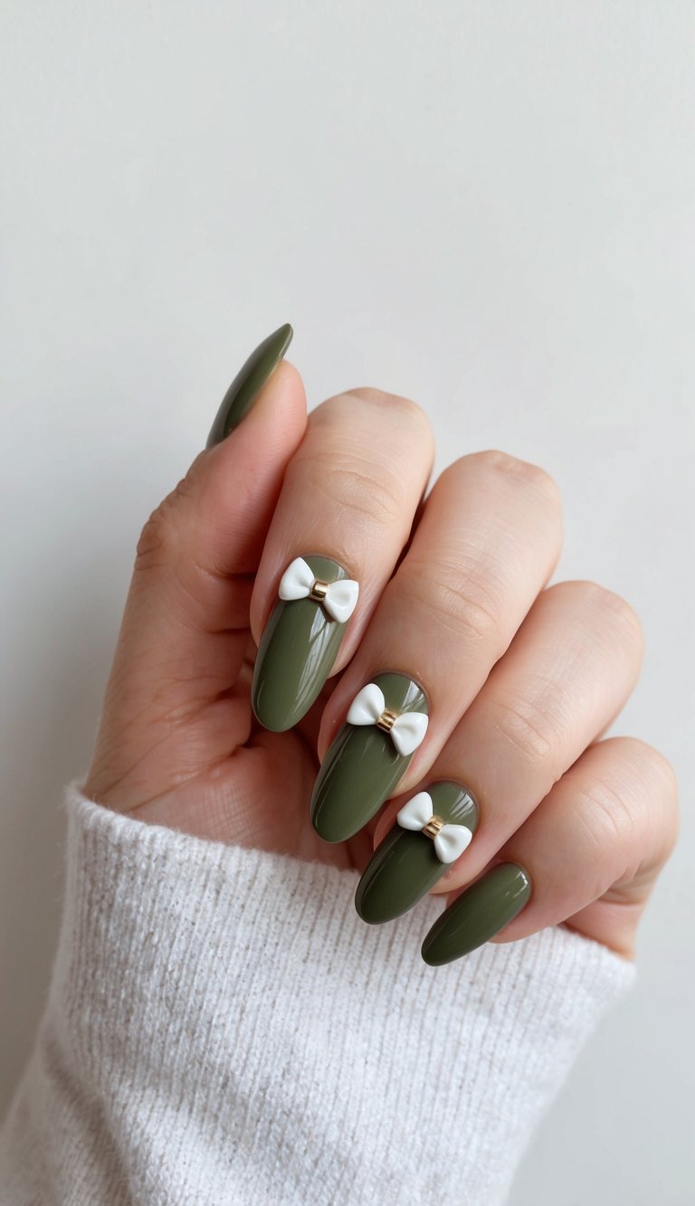 Glossy olive green nails on a hand, styled with 3D white bows and gold centers resembling presents, showing a festive olive green nail art idea.