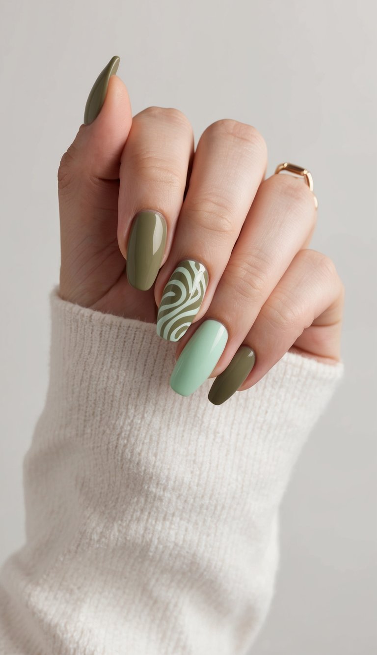 Hand with a modern olive green nail art idea featuring glossy olive and mint shades, plus a swirl design on the ring finger for contrast.