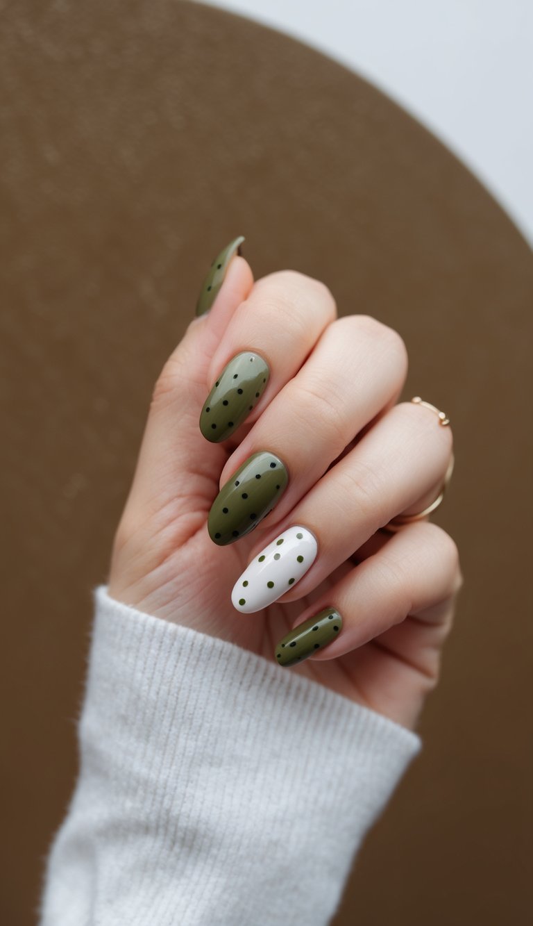 Elegant hand with an olive green nail art idea showing clean matte finishes, black dots, and one white accent nail detailed with olive green polka dots.