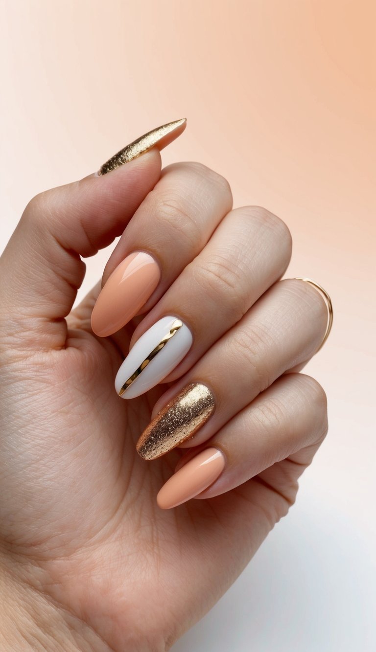 Manicured hand showing sharp almond nails in glossy peach, bold gold foil, and a standout white nail with a curving metallic gold strip—channeling a fearless peach nail art idea.