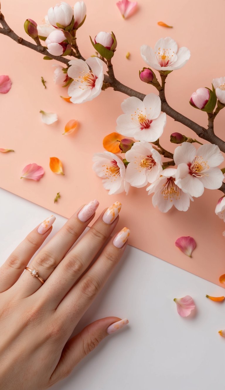 Delicate hand resting near blooming cherry blossoms, featuring long nails in a pale pink base with peach-toned speckles and petal-like orange marbling—a peach nail art idea inspired by nature.