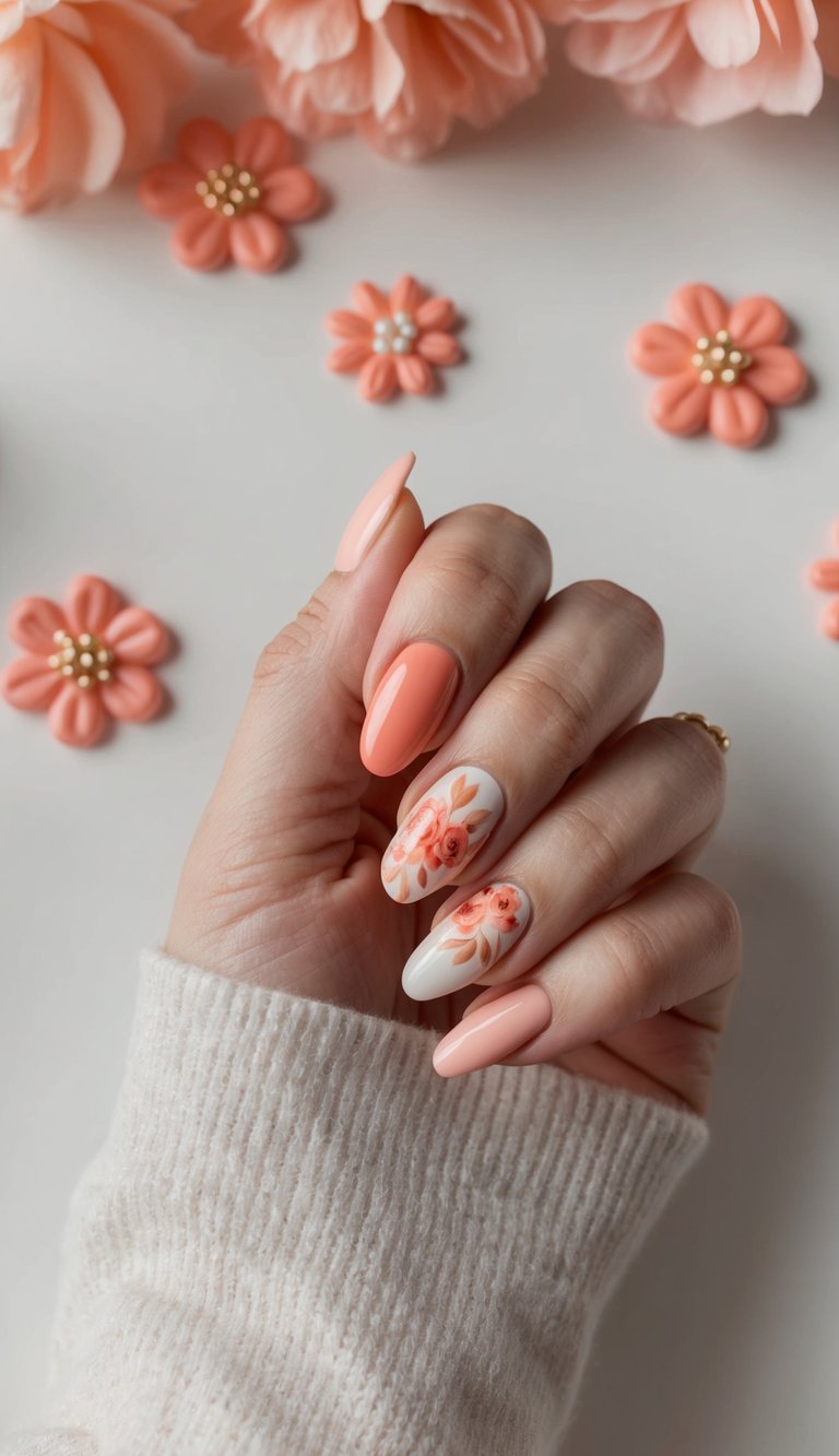 Close-up of a hand wearing glossy peach polish, accented with floral-painted white nails featuring coral blossoms—offering a refined, editorial peach nail art idea with feminine detail.
