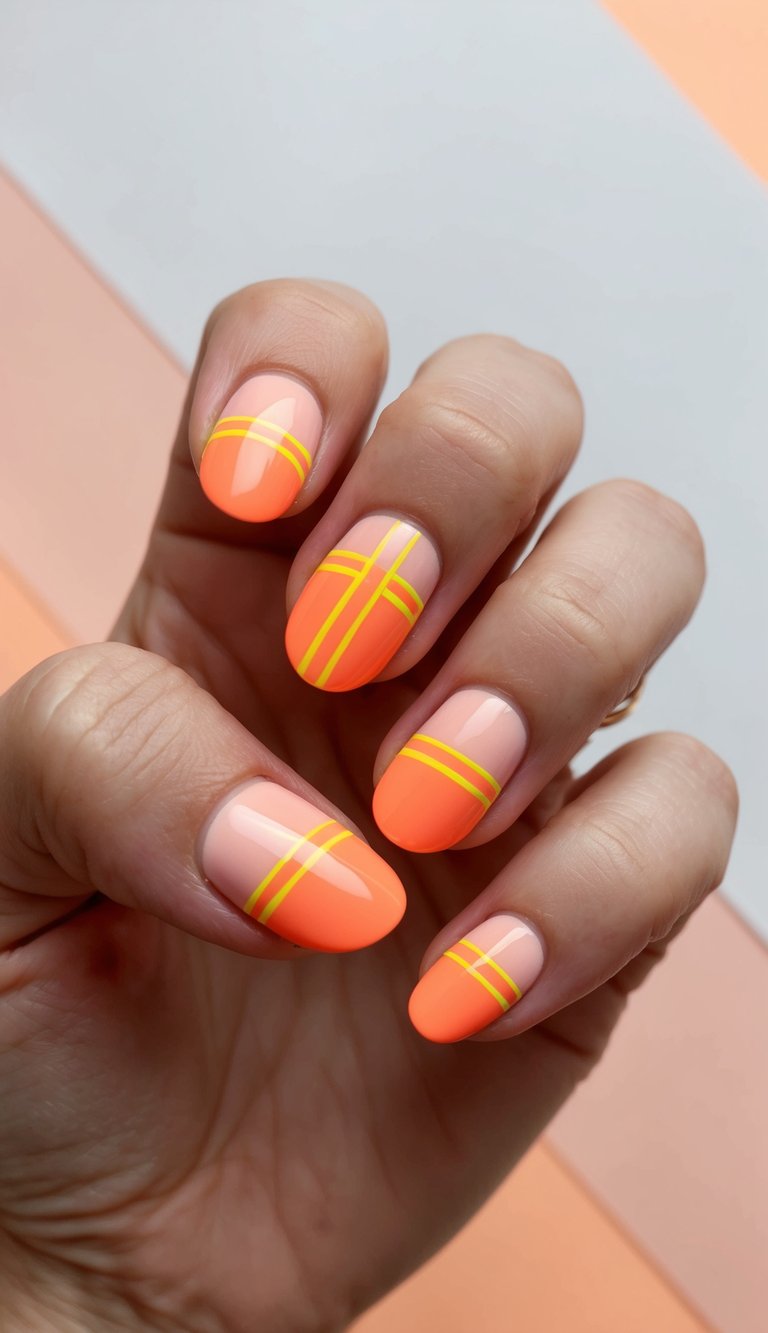 Glossy peach and nude nails with neon yellow grid-style striping, styled with a soft oval shape—channeling a playful, retro-futuristic peach nail art idea with athletic edge.