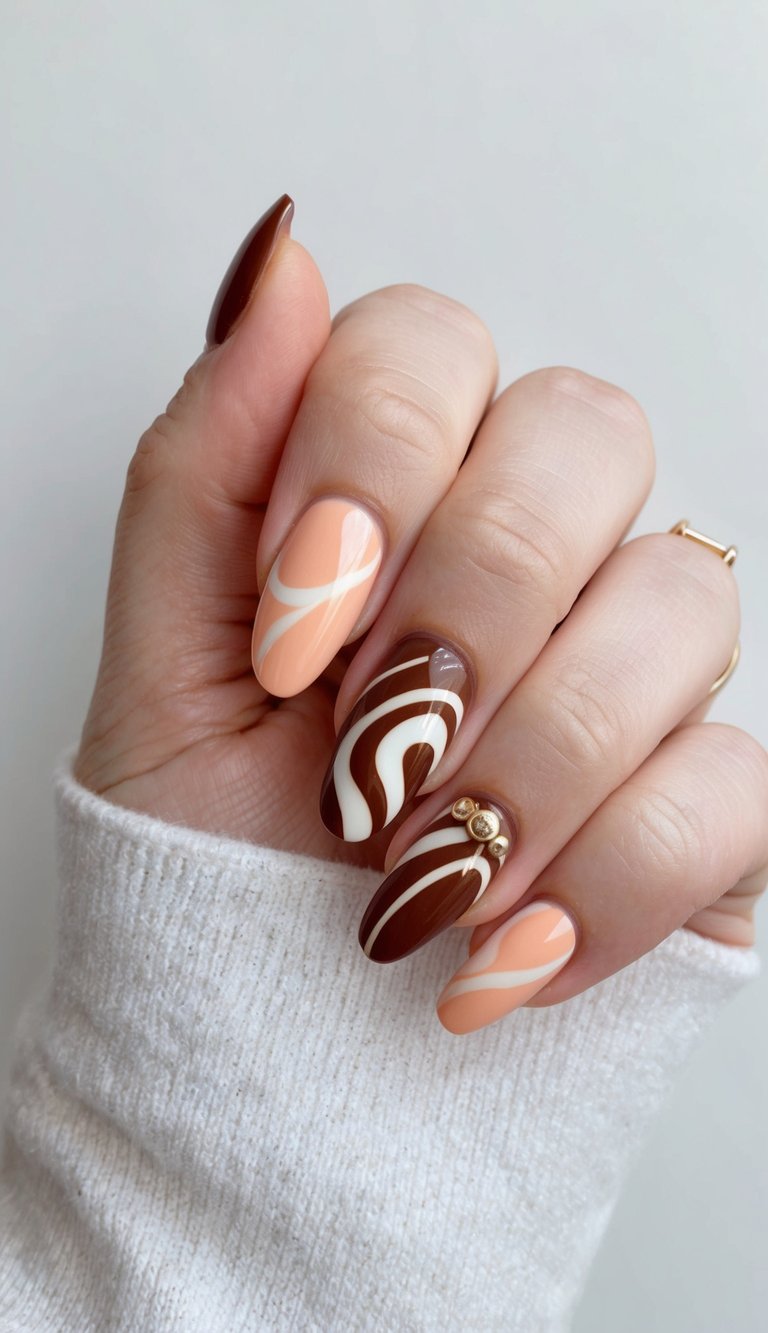Glossy hand featuring abstract swirl nail art in brown, white, and peach tones with metallic gold beads—resembling a sweet, artistic take on the peach nail art idea.
