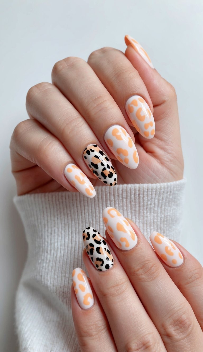 Hands with almond-shaped nails featuring peach and white leopard spots on most nails, and bold black-and-peach leopard print as accent nails—showcasing a trend-driven peach nail art idea with animal flair.
