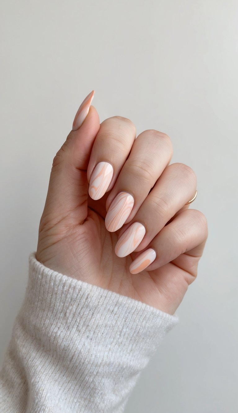 Glossy nails with clean almond tips featuring soft nude and peach swirl patterns—offering a sleek and polished peach nail art idea with a modern twist.