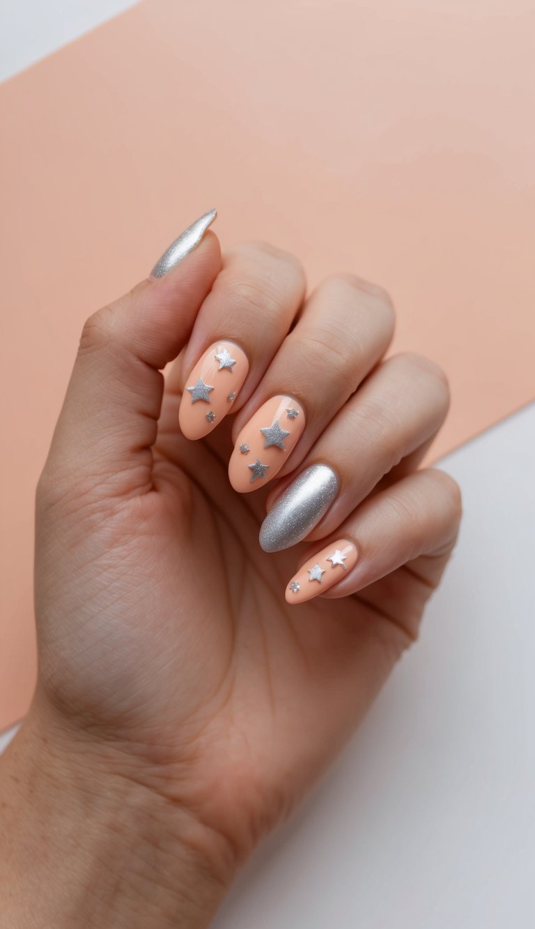 Hand with glossy peach nails adorned with raised silver star decals and one solid silver chrome nail—delivering a playful and dreamy peach nail art idea with cosmic flair.