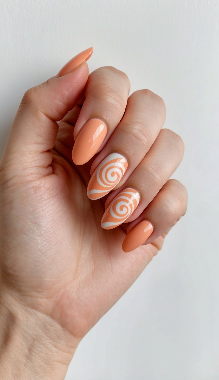 Nails in a vibrant peach tone with two statement nails showcasing white and peach spiral swirls—delivering a graphic and energetic take on the peach nail art idea.