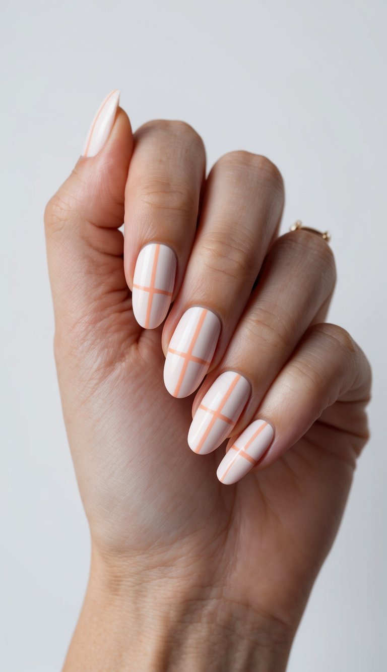Clean white nails with precisely painted peach grid lines, forming a sleek and structured nail art design with a modern twist.