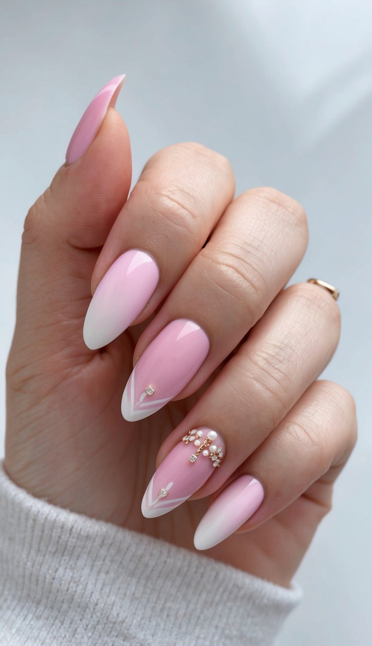 Hand with long almond-shaped nails painted in a soft pink to white gradient, featuring tiny floral gems and V-tipped designs for a pink and white nail art idea.