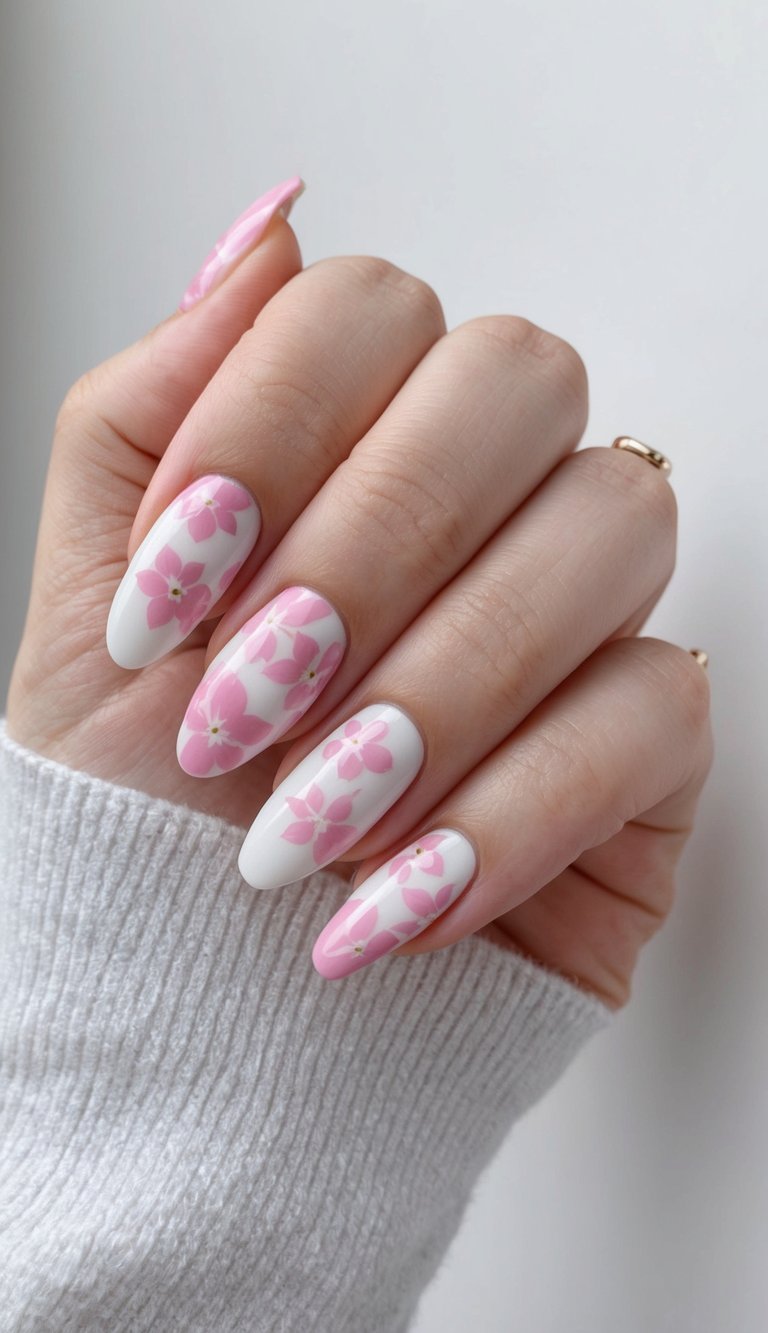 Hand with white almond nails decorated with vibrant pink flowers and gold-dotted centers, illustrating a playful pink and white nail art idea.