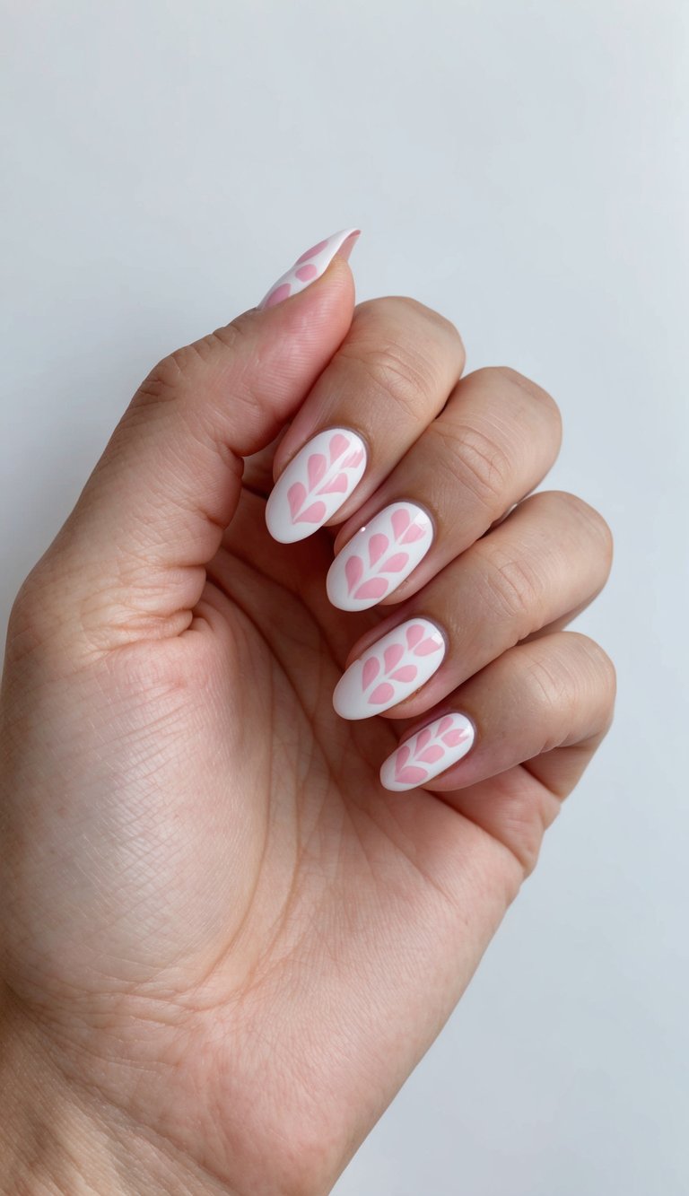 A feminine hand displays white nails with repeating soft pink heart-leaf motifs, expressing a playful pink and white nail art idea.