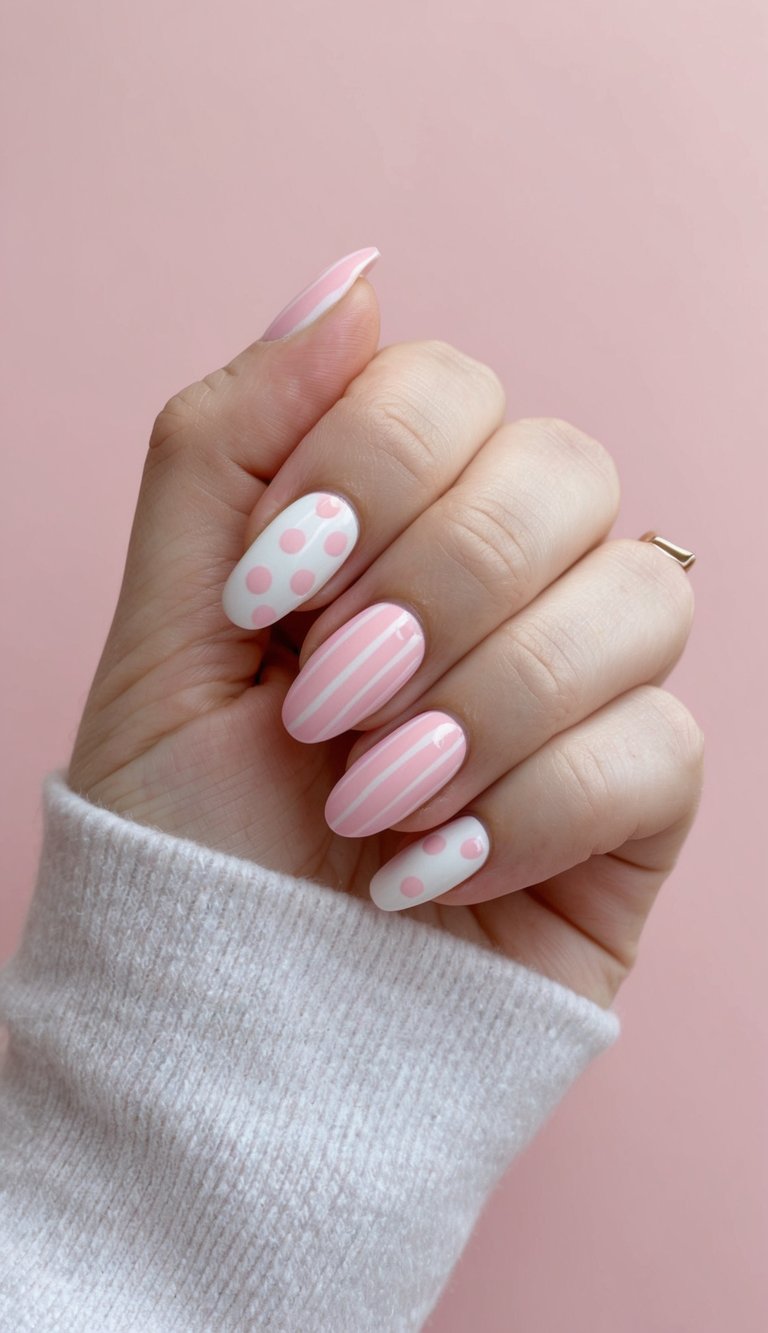 Close-up of a hand with long almond nails in a pink and white nail art idea featuring polka dots and stripes for a playful finish.