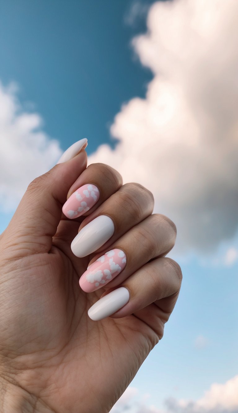 Nails painted in a pink and white nail art idea with whimsical cloud details against a soft blue sky backdrop, held up by a hand.