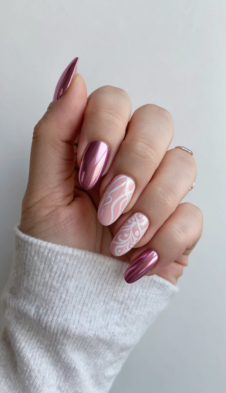 Hand with a pink and white nail art idea, combining shiny rose chrome nails and intricate abstract designs in white over a light blush base.