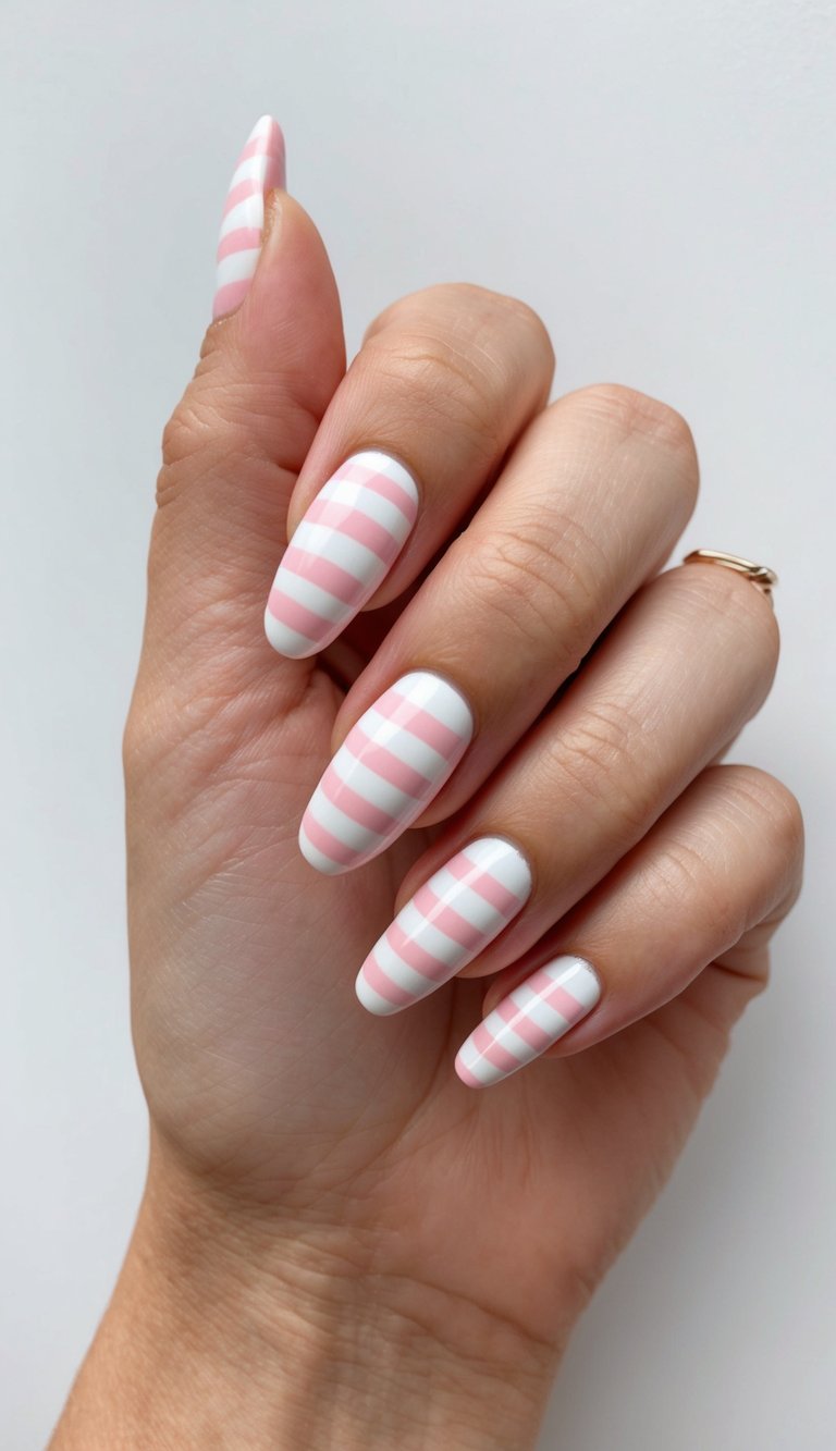 Hand with matte almond nails featuring a pink and white nail art idea in classic gingham stripes, creating a soft yet retro finish.
