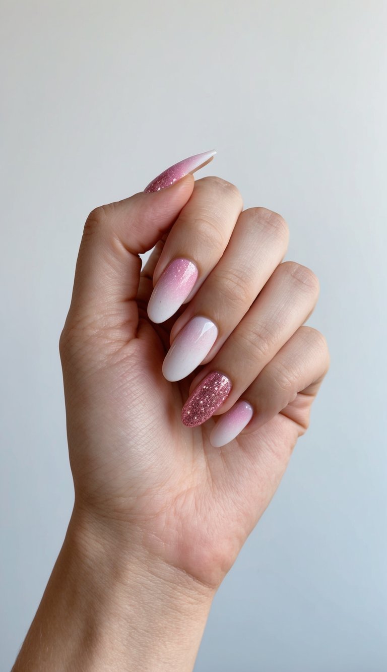 Close-up of hand with nails in a pink and white nail art idea, showing a mix of soft ombré fades and sugar-like glitter on two accent nails.