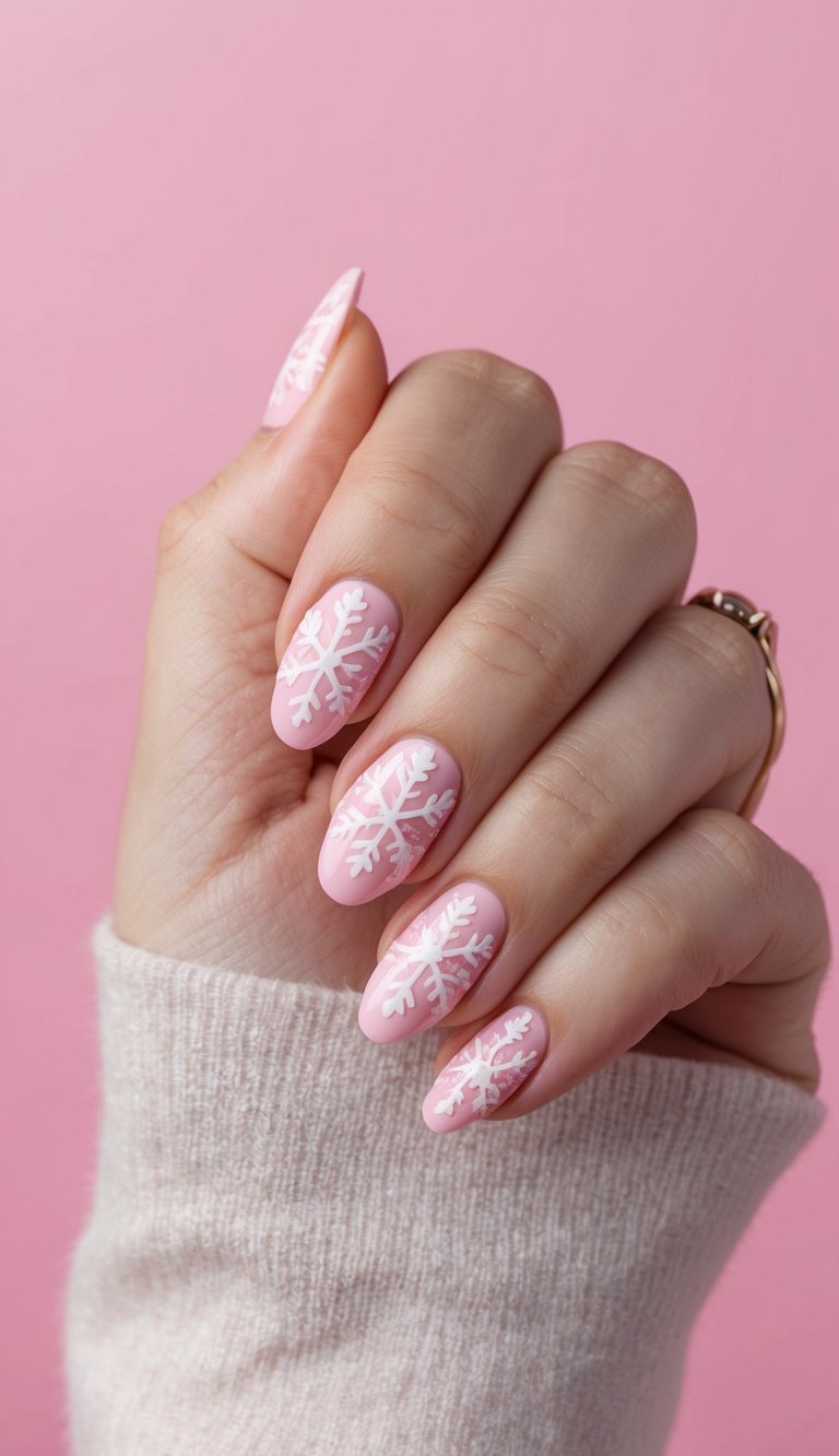 Pink and white nail art idea inspired by snowflakes, painted on a matte pink base.