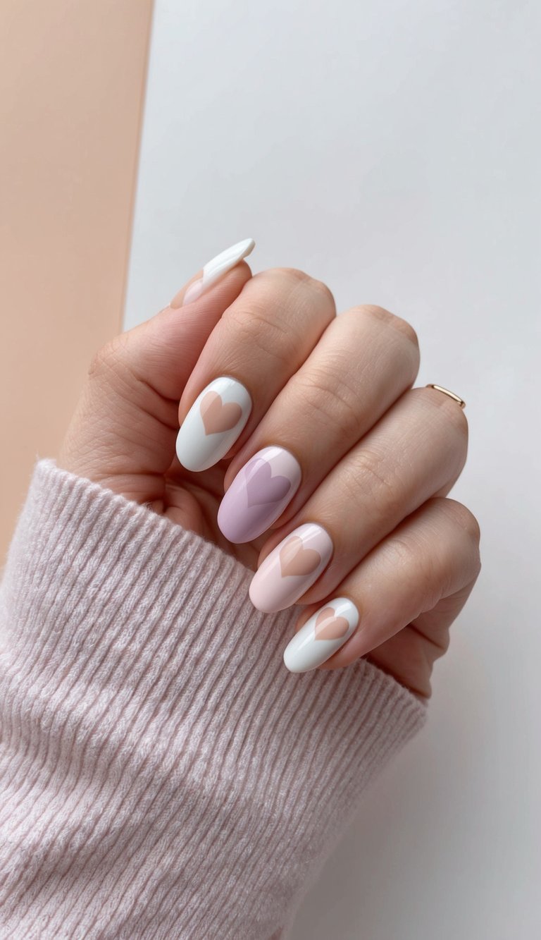 Almond-shaped nails painted in minimal pastel pinks and whites with bold nude heart designs—a modern and graphic prom nail art idea.