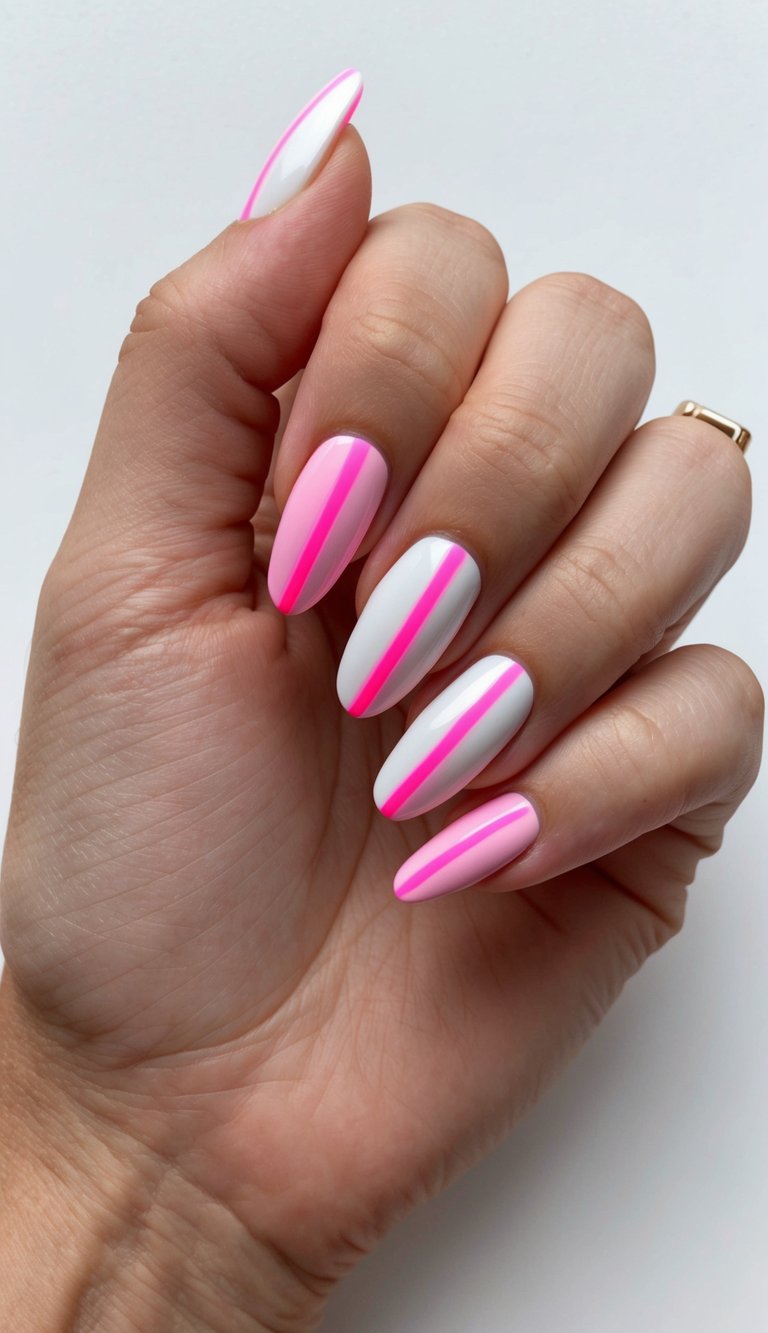 A chic hand with alternating soft pink and white nails, each split by a vivid pink line—a standout pink and white nail art idea