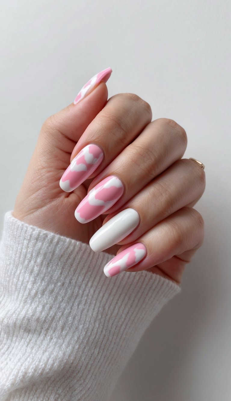 Soft cloud-inspired manicure with floating pink and white shapes creating a dreamy pink and white nail art idea